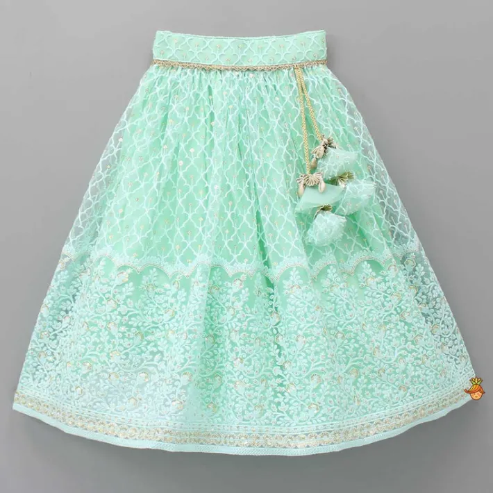 Hot Sequins Thread Embroidered Mint Green Top And Lehenga With Net Dupatta And Potli Bag Ethnic Wear | Lehengas & Ghagras