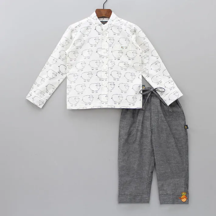 Fashion Sheep Hand Block Printed Shirt And Grey Pant BOY Formal Wear