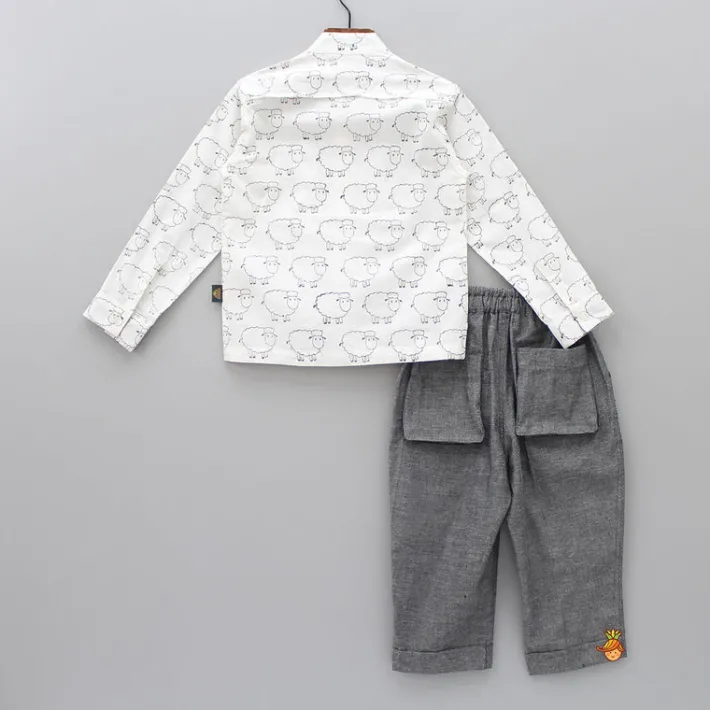 Fashion Sheep Hand Block Printed Shirt And Grey Pant BOY Formal Wear