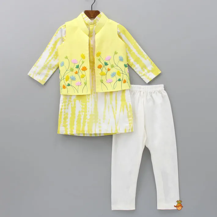 Outlet Shibori Printed Kurta With Beads Embroidered Yellow Open Jacket And Churidar BOY Twinning Sets | Indian Ethnic Wear