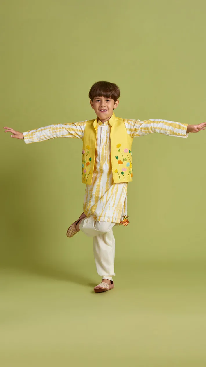 Outlet Shibori Printed Kurta With Beads Embroidered Yellow Open Jacket And Churidar BOY Twinning Sets | Indian Ethnic Wear