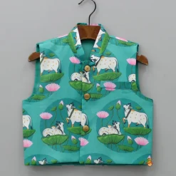 New Silk Green Kurta With Front Open Pocket Detail Printed Jacket And Cotton Pyjama BOY Indian Ethnic Wear | Ethnic Sets