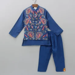 New Silk Kurta With Lotus Embroidered Jacket And Pyjama BOY Indian Ethnic Wear | Ethnic Sets