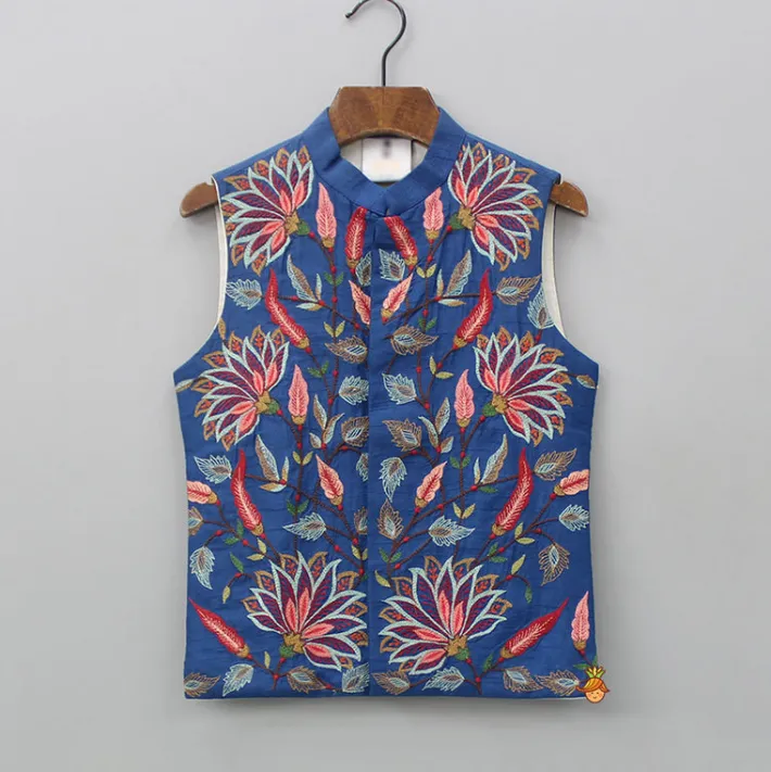 New Silk Kurta With Lotus Embroidered Jacket And Pyjama BOY Indian Ethnic Wear | Ethnic Sets