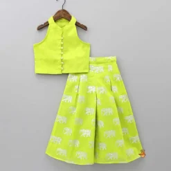 Online Sleeveless Green Top And Elephant Print Palazzo Ethnic Wear | Palazzos & Shararas