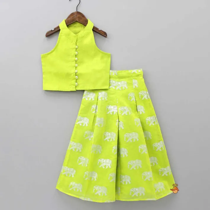 Online Sleeveless Green Top And Elephant Print Palazzo Ethnic Wear | Palazzos & Shararas