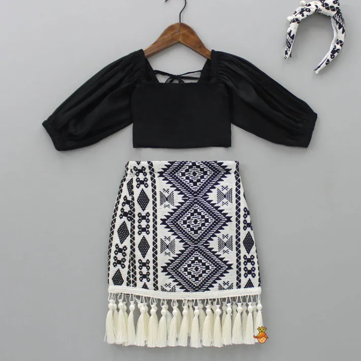 Sale Smocked Back Stylish Sleeves Black Top And Fringes Skirt With Knot Detail Hair Band Dresses & Sets | Sets