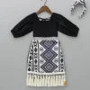 Clearance Smocked Back Stylish Sleeves Black Top And Fringes Skirt With Knot Detail Hair Band Dresses & Sets | Sets