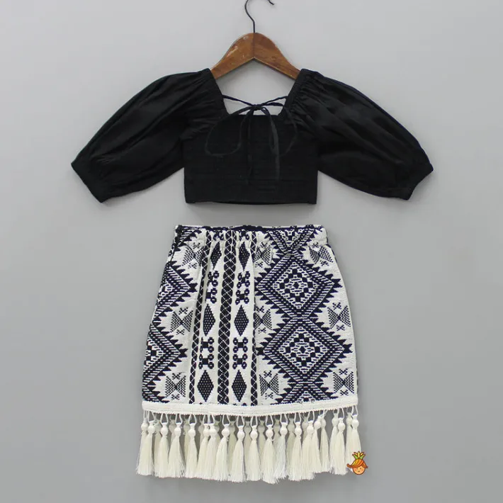 Sale Smocked Back Stylish Sleeves Black Top And Fringes Skirt With Knot Detail Hair Band Dresses & Sets | Sets