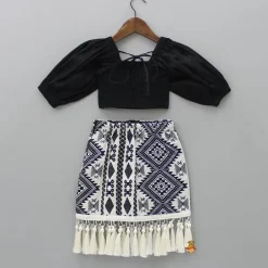 Clearance Smocked Back Stylish Sleeves Black Top And Fringes Skirt With Knot Detail Hair Band Dresses & Sets | Sets