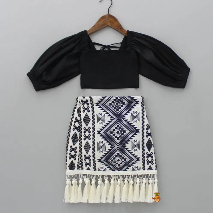 Sale Smocked Back Stylish Sleeves Black Top And Fringes Skirt With Knot Detail Hair Band Dresses & Sets | Sets