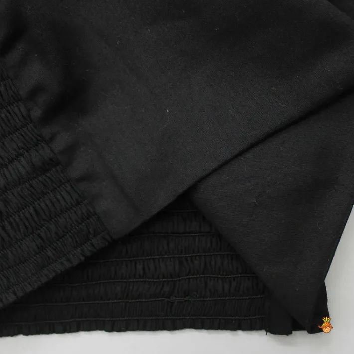 Clearance Smocked Back Stylish Sleeves Black Top And Fringes Skirt With Knot Detail Hair Band Dresses & Sets | Sets