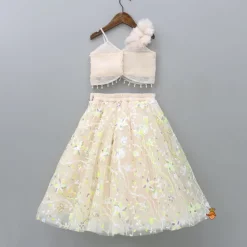 Outlet Spaghetti Straps Beige Top And Net Embroidered Lehenga With Dual Tone Stylish Dupatta Ethnic Wear | Lehengas & Ghagras