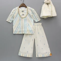 Hot Striped Blue Off White Kurta With Palazzo And Ruffle Dupatta Ethnic Wear | Palazzos & Shararas