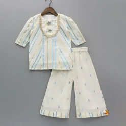 Hot Striped Blue Off White Kurta With Palazzo And Ruffle Dupatta Ethnic Wear | Palazzos & Shararas