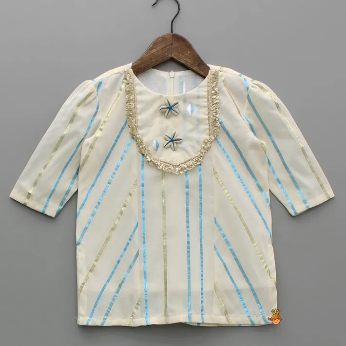 Hot Striped Blue Off White Kurta With Palazzo And Ruffle Dupatta Ethnic Wear | Palazzos & Shararas