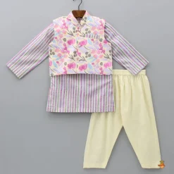 Discount Striped Multicolour Kurta With Front Open Pocket Detail Printed Jacket And Pyjama BOY Indian Ethnic Wear | Ethnic Sets