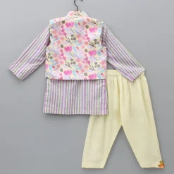 Discount Striped Multicolour Kurta With Front Open Pocket Detail Printed Jacket And Pyjama BOY Indian Ethnic Wear | Ethnic Sets