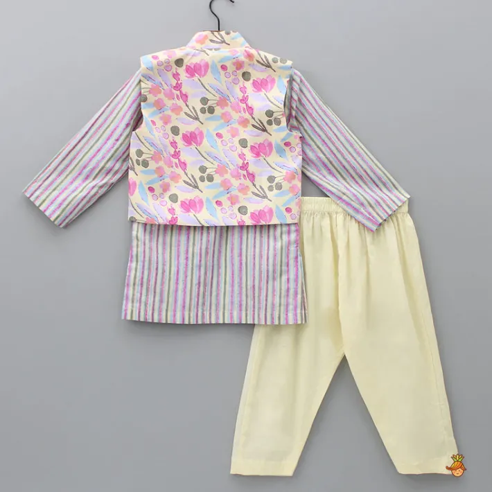 Discount Striped Multicolour Kurta With Front Open Pocket Detail Printed Jacket And Pyjama BOY Indian Ethnic Wear | Ethnic Sets
