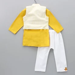 Sale Stripped Asymmetric Jacket With Mustard Yellow Kurta And Pyjama BOY Indian Ethnic Wear | Ethnic Sets