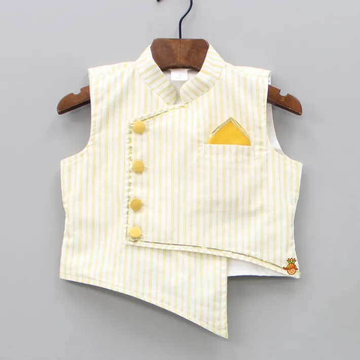 Sale Stripped Asymmetric Jacket With Mustard Yellow Kurta And Pyjama BOY Indian Ethnic Wear | Ethnic Sets