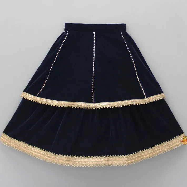New Stunning Embroidered Blue Velvet Top And Layered Lehenga With Dupatta Ethnic Wear | Lehengas & Ghagras