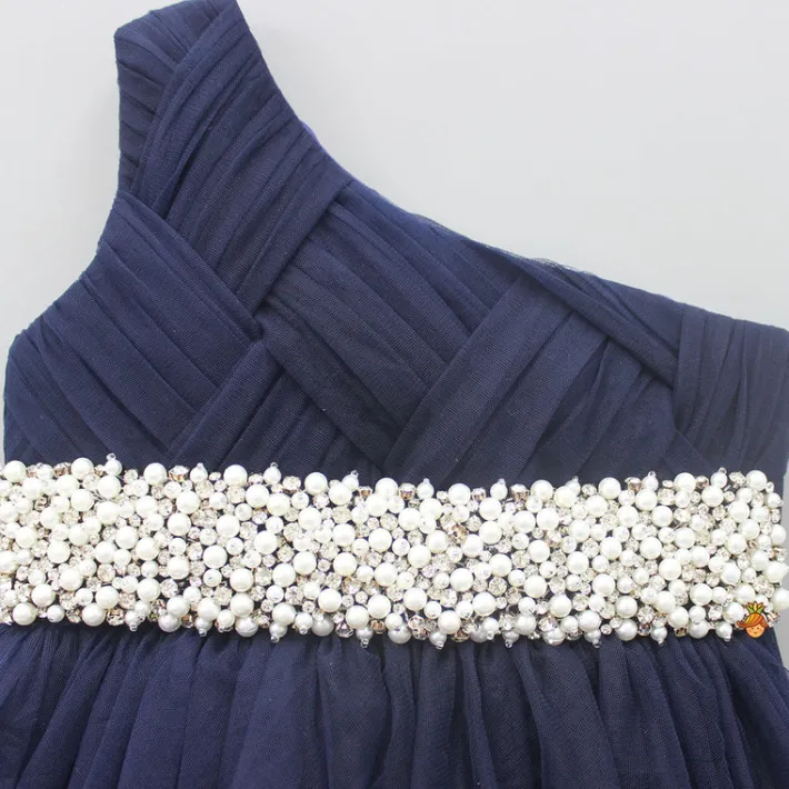 New Stunning Pearls And White Stones Embellished Navy Blue Gown Dresses & Sets | Gowns