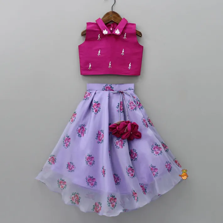 Hot Stylish Beads Work Top With Floral Printed Lehenga And Sling Bag Ethnic Wear | Lehengas & Ghagras