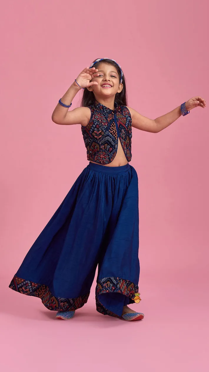 New Stylish Cut Out Thread Embroidered Velvet Blue Top And Flared Palazzo Ethnic Wear | Palazzos & Shararas