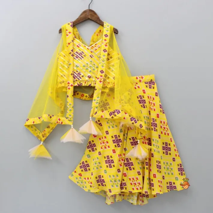 Online Stylish Patola Printed Yellow Cape Top And Asymmetric Palazzo Ethnic Wear | Palazzos & Shararas