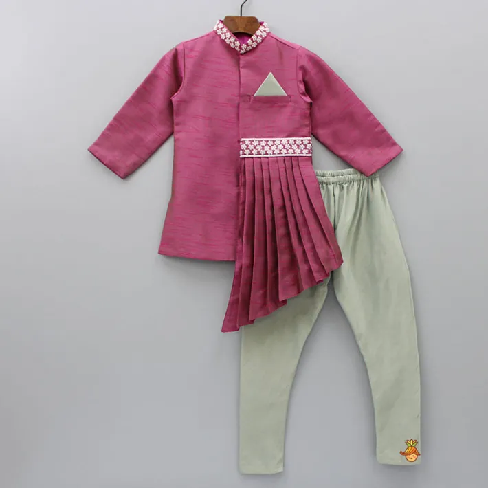 Discount Stylish Pearly Flowers Embellished Pleated Asymmetric Kurta And Churidar BOY Indian Ethnic Wear | Ethnic Sets
