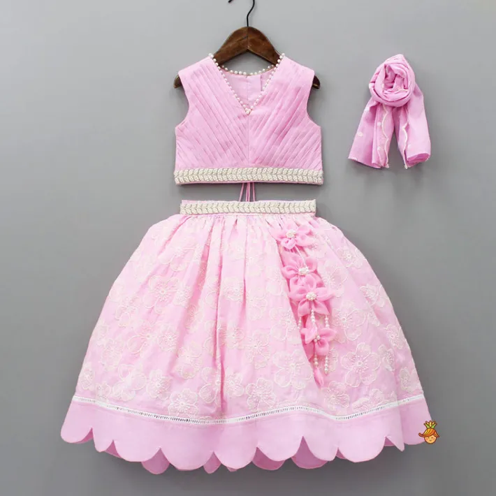 Fashion Stylish Pink Top And Thread Embroidered Lehenga With Matching Dupatta Twinning Sets | Ethnic Wear