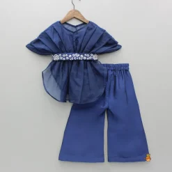 Fashion Stylish Pleated Blue Top And Embroidered Palazzo With Detachable Belt Ethnic Wear | Palazzos & Shararas