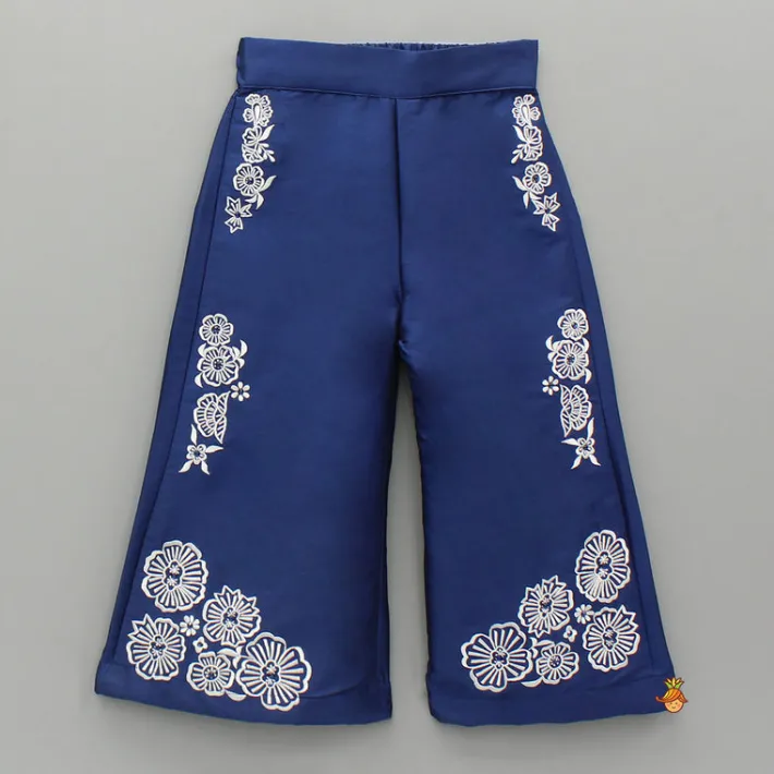 Fashion Stylish Pleated Blue Top And Embroidered Palazzo With Detachable Belt Ethnic Wear | Palazzos & Shararas