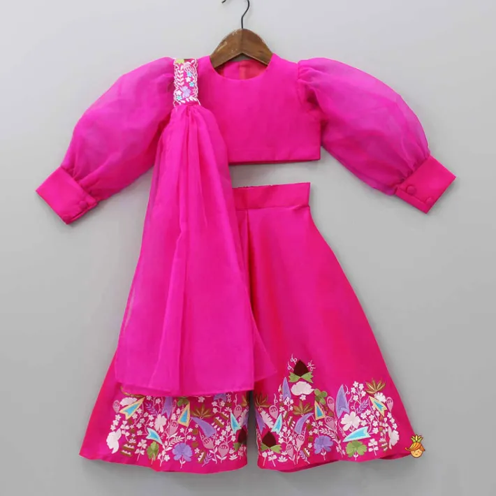 New Stylish Round Neck Pink Top With Palazzo And Dupatta Ethnic Wear | Palazzos & Shararas