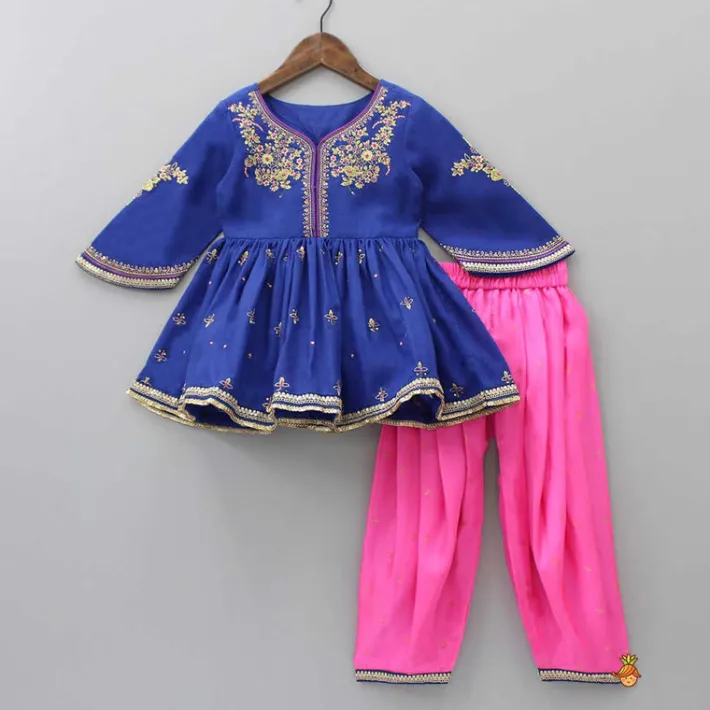 Hot Stylish Sleeves Embroidered Blue Peplum Kurti And Fluorescent Pink Pleated Patiala Ethnic Wear | Dhotis & Patialas