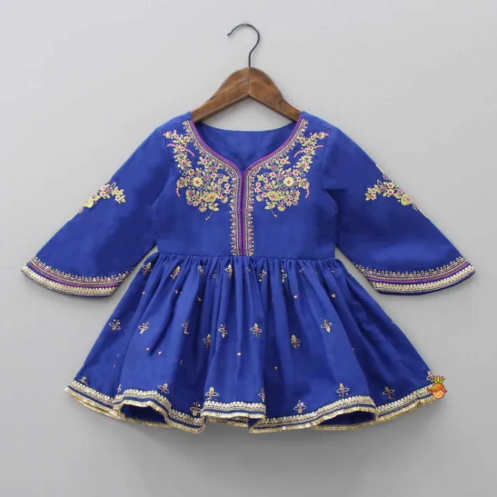 Hot Stylish Sleeves Embroidered Blue Peplum Kurti And Fluorescent Pink Pleated Patiala Ethnic Wear | Dhotis & Patialas