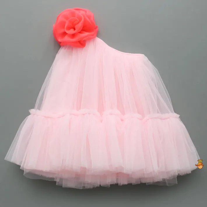 Best Swirled Flower Enhanced Pink One Shoulder Dress With Hair Band Dresses & Sets | Dresses