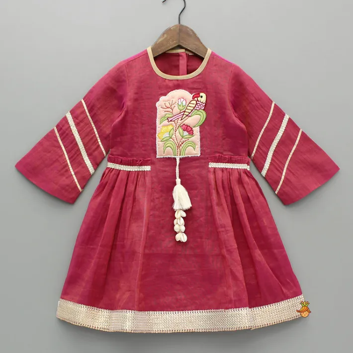 Discount Tassel Adorned Shimmery Pink Embroidered Kurti With Pant Ethnic Wear | Churidars & Salwars