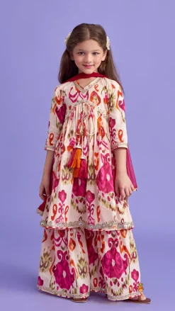 Clearance Tassels Enhanced Multicolour Printed Kurti And Sharara With Scalloped Lace Detail Pink Dupatta Ethnic Wear | Palazzos & Shararas