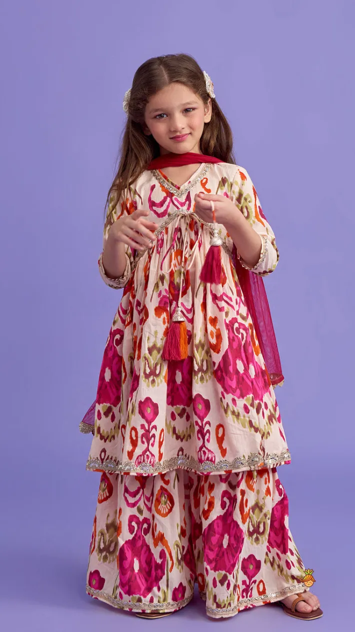 Clearance Tassels Enhanced Multicolour Printed Kurti And Sharara With Scalloped Lace Detail Pink Dupatta Ethnic Wear | Palazzos & Shararas