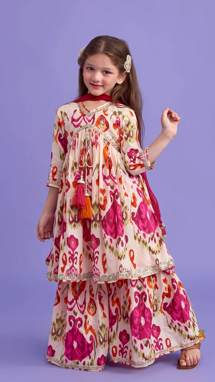 Clearance Tassels Enhanced Multicolour Printed Kurti And Sharara With Scalloped Lace Detail Pink Dupatta Ethnic Wear | Palazzos & Shararas