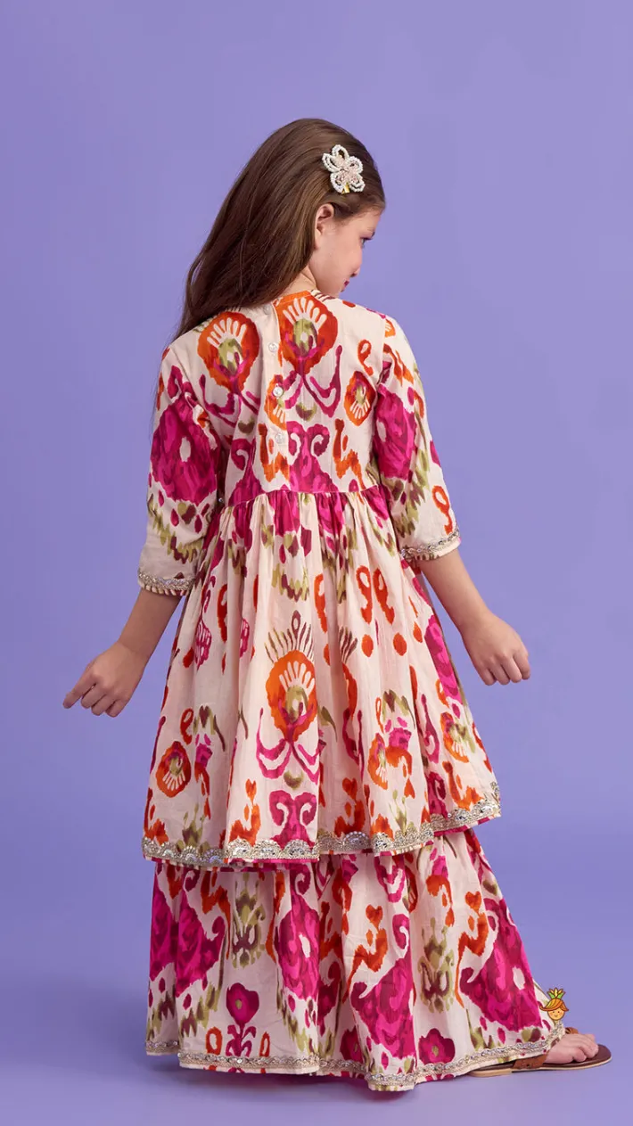 Clearance Tassels Enhanced Multicolour Printed Kurti And Sharara With Scalloped Lace Detail Pink Dupatta Ethnic Wear | Palazzos & Shararas