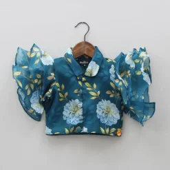 Clearance Teal Blue Floral Printed Top and High Low Lehenga Ethnic Wear | Lehengas & Ghagras