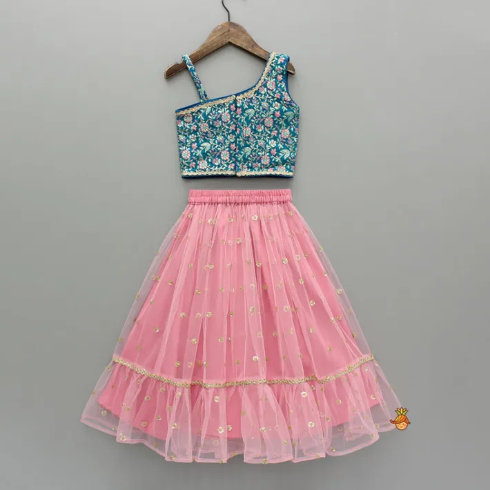 Outlet Teal Floral One-Shoulder Top With Pink Net Skirt And Dupatta Ethnic Wear | Lehengas & Ghagras