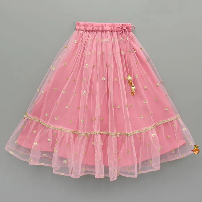 Outlet Teal Floral One-Shoulder Top With Pink Net Skirt And Dupatta Ethnic Wear | Lehengas & Ghagras