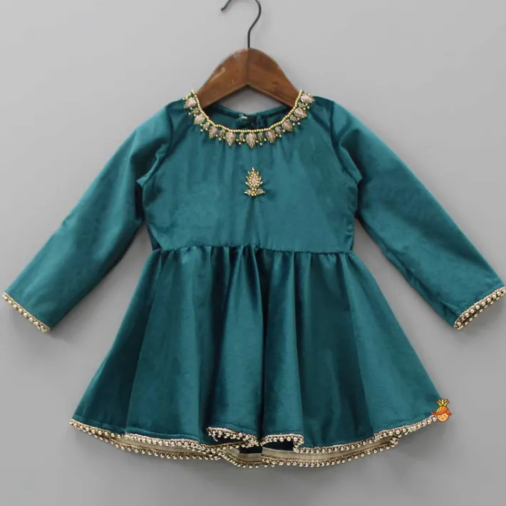 Online Teal Green Pearls Lace Work Velvet Kurti And Salwar Ethnic Wear | Churidars & Salwars