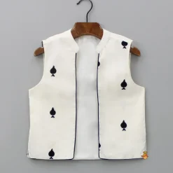 Sale Thread Detailed Off White Kurta With Open Jacket And Pyjama BOY Indian Ethnic Wear | Ethnic Sets