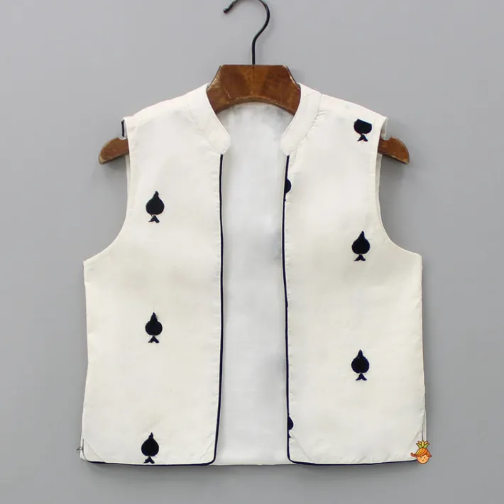 Sale Thread Detailed Off White Kurta With Open Jacket And Pyjama BOY Indian Ethnic Wear | Ethnic Sets
