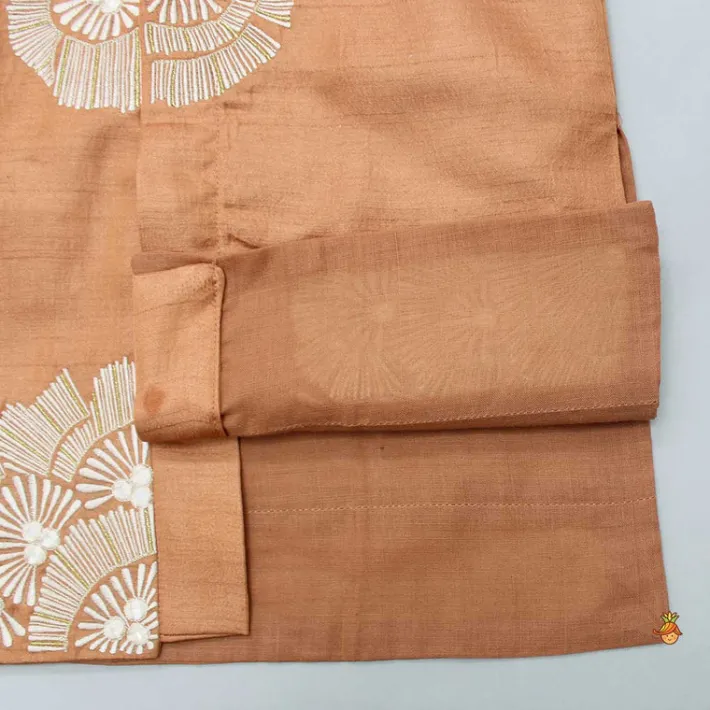 Sale Thread Embroidered Peach Kurta And Off White Pyjama BOY Indian Ethnic Wear | Ethnic Sets